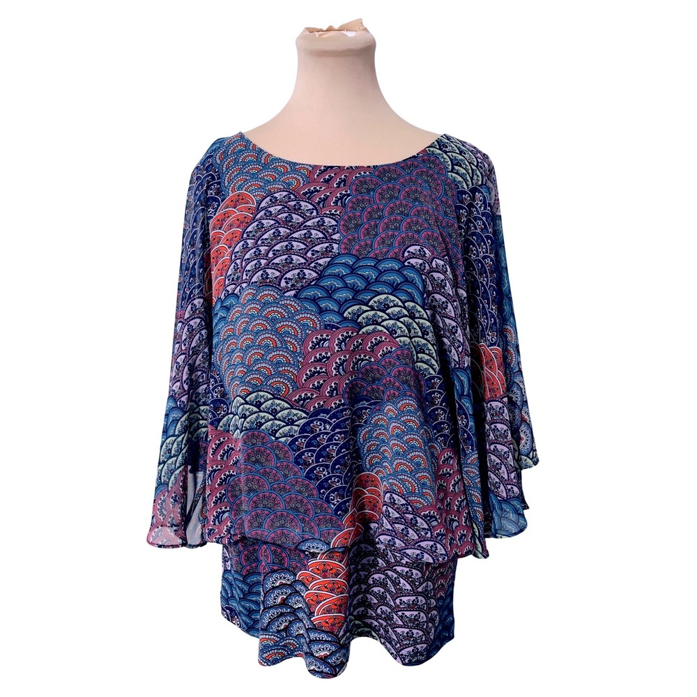 Coco Bianco Top XL Blue Medallion Print Layered Chiffon Poncho Sleeve‎ Blouse